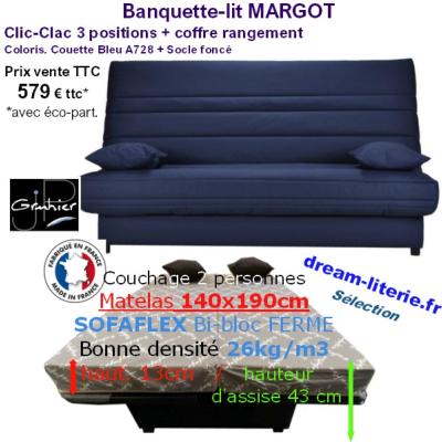 CLIC-CLAC MARGOT, Couchage 140x190CM Mat.SOFAFLEX HD26kg/m3 Haut.13cm.