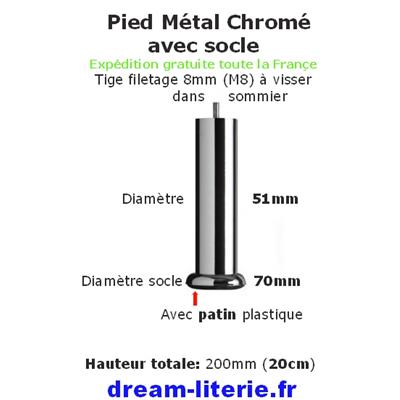 Pied Métal Chromé avec Socle Diam. 51mm Hauteur. 20cm à visser tige 8mm Standard