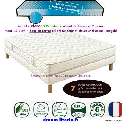 Matelas ALOÉ 100% latex 7 zones haut.19,5cm, ou PackDream