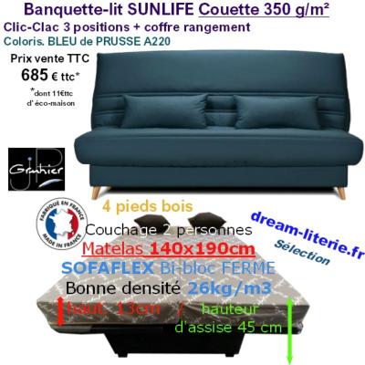 CLIC-CLAC SUNLIFE, Couchage 140x190CM Mat.SOFAFLEX HD26kg/m3 Haut.13cm. LATTES LARGES.