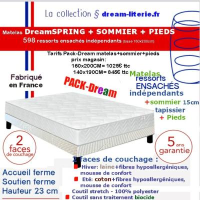 Pack-DreamSPRING =( Matelas Haut.23cm à ressorts ensachés indépendants.+ Sommier Dream tapissier 15cm (Lattes Passives)+PIEDS)