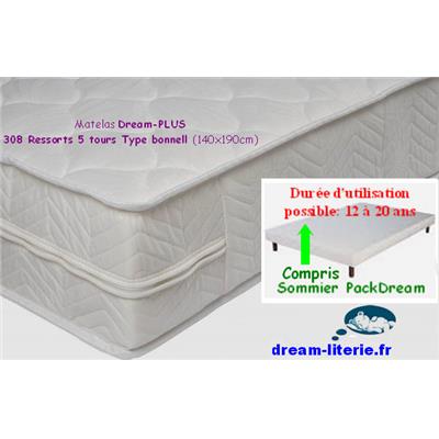 Pack Matelas dream-Plus + Sommier Tapissier Lattes 15cm + pieds diam70mm.