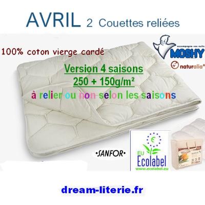 Avril 4 saisons (2 Couettes reliées) 250gr+150gr, en COTON NATUREL.