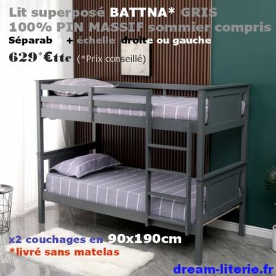 BATTNA Lit superposé 2x(90x190)CM PIN 100% MASSIF GRIS, avec SOMMIERS.
