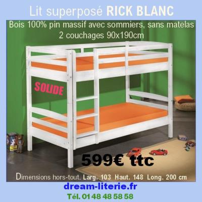 RICK Lit superposé, PIN MASSIF, Sommiers lattes compris.