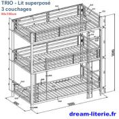 TRIO 3 Lits Superposés 90x190 -Métal GRIS sommiers inclus.