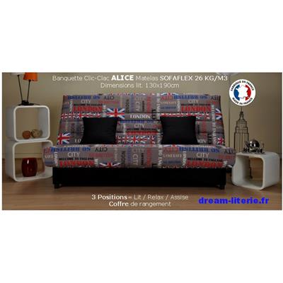 Banquette Clic-Clac Alice, matelas SOFAFLEX 130x190 3 positions+Coffre.