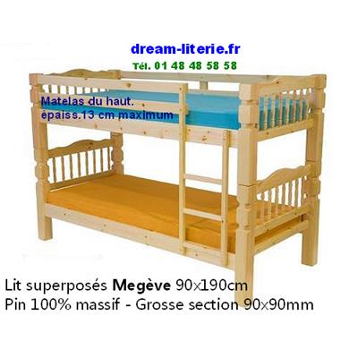Lits Superposés 100% Pin Massif MEGEVE 90x190 Sommiers Compris. Teinte NOYER.