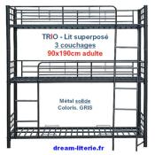 TRIO 3 Lits Superposés 90x190 -Métal GRIS sommiers inclus.