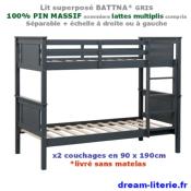 BATTNA Lit superposé 2x(90x190)CM PIN 100% MASSIF, avec SOMMIERS.