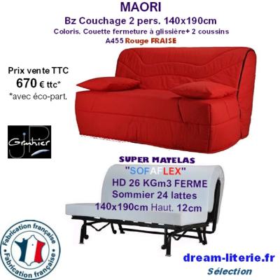 MAORI banquette-LIT BZ 140, super Matelas SOFAFLEX HD26kg/m3 Haut.12CM.